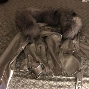 SILVER OFF THE SHOULDER JACKER W/ DETACHABLE FUR!